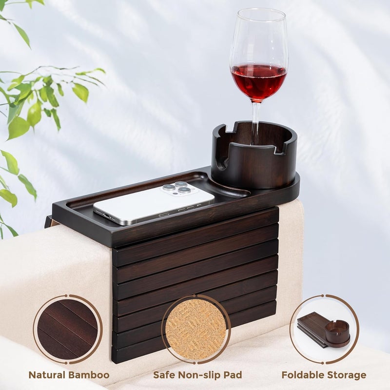 TOMLYOP Couch Cup Holder for Armrests Over 4.9" Wide, Bamboo Couch Arm Tray with 360° Rotating Phone Stand, 3 in 1 Foldable Sofa Arm Tray Table for Remote, Snacks, Phone, Drinks Walnut - Image 5